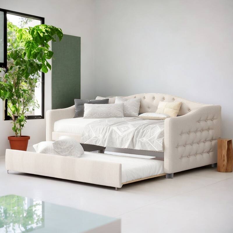 Mid-Century Upholstered Daybed Sofa Bed Guest Bed with Trundle,Twin Size