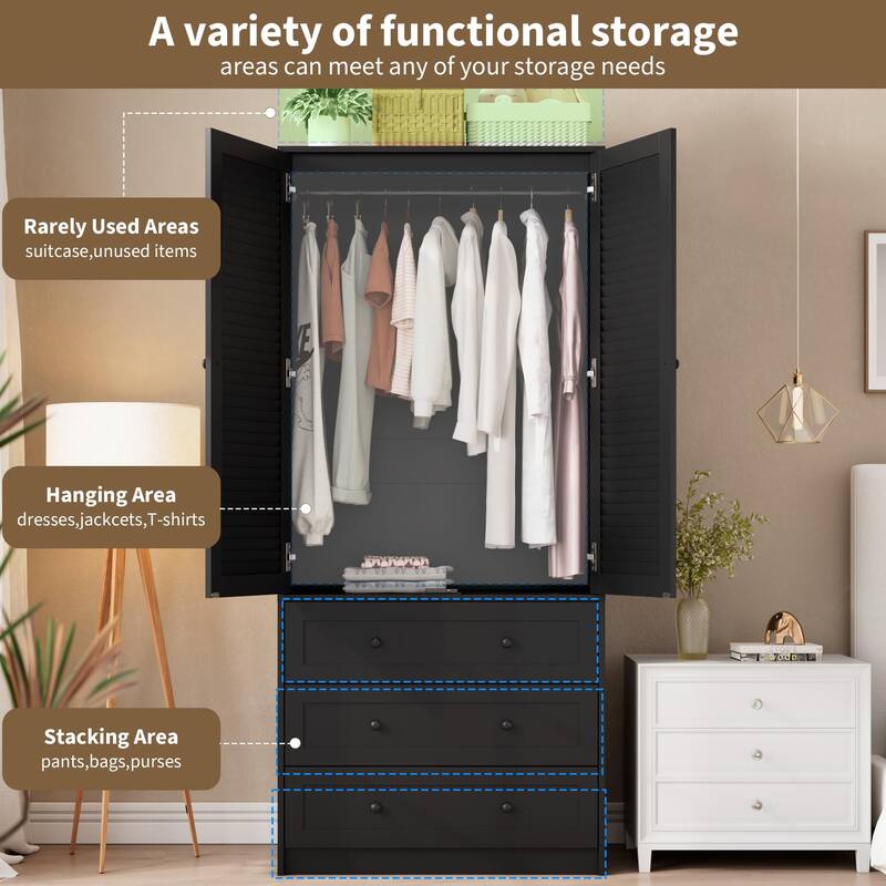 69.5" Wooden Armoire Wardrobe Closet with Louvered Doors, Drawers & Hanging Rod, Natural Finish Storage Cabinet