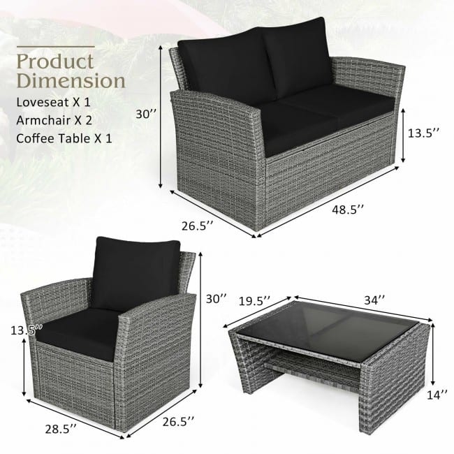4 Pieces Patio Rattan Furniture Set Sofa Table with Storage Shelf Cushion - 48.5" x 26.5" x 30" (L x W x H)