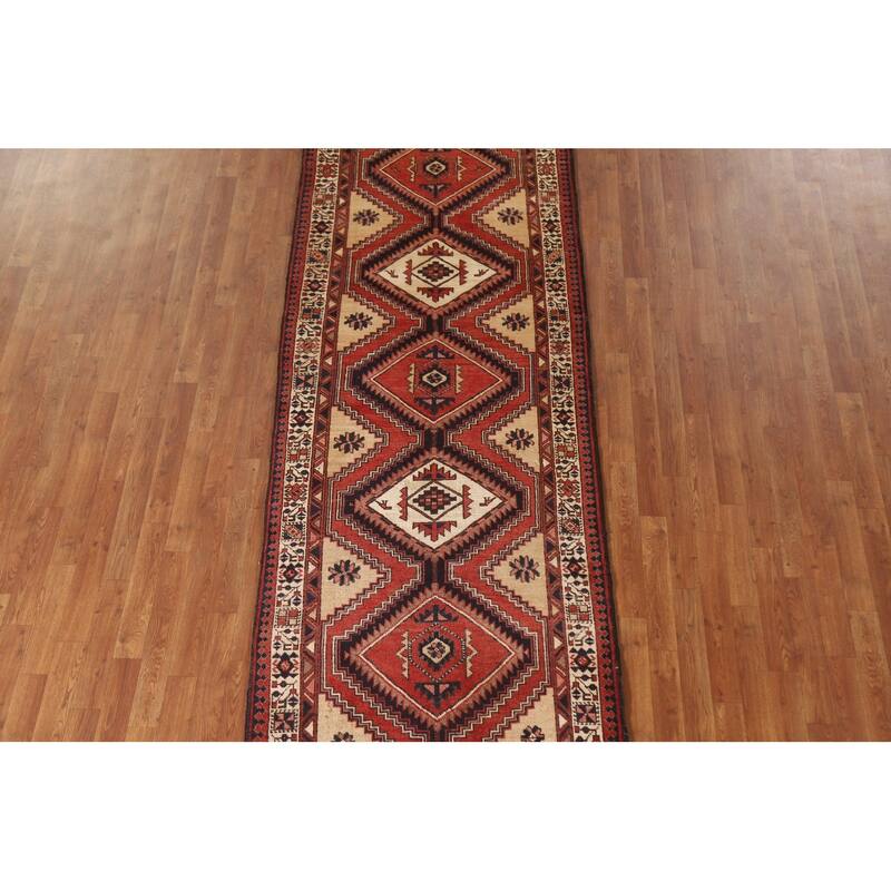 Geometric Red Ardebil Persian Vintage Runner Rug Handmade Wool Carpet - 3'6"x 10'7"