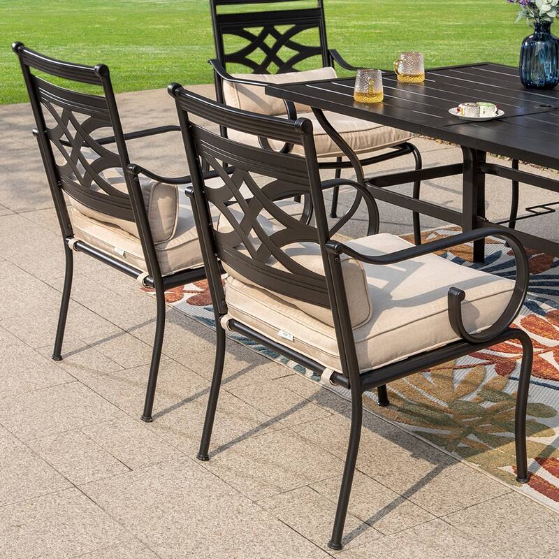 MAISON ARTS 7-Piece Outdoor Dining Set Steel Rectangle Table & Elegant Cast Iron Pattern Dining Chairs