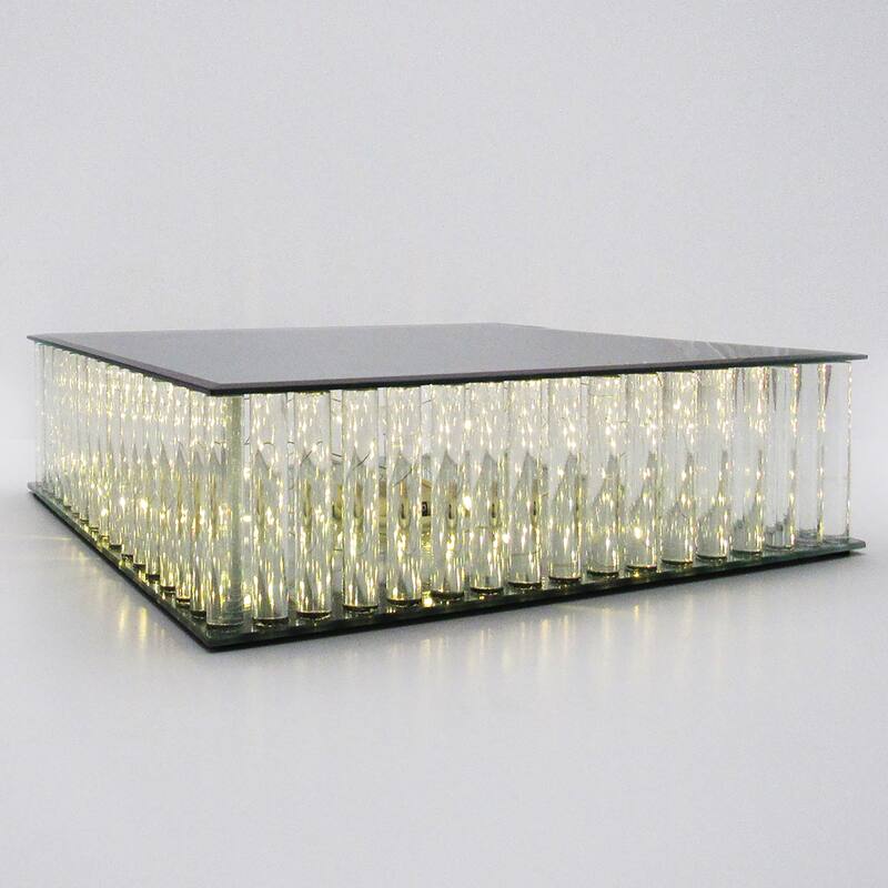 Square Mirror LED Fairy Light Up Glass Columns Cake Stand Dessert Display Tray Riser