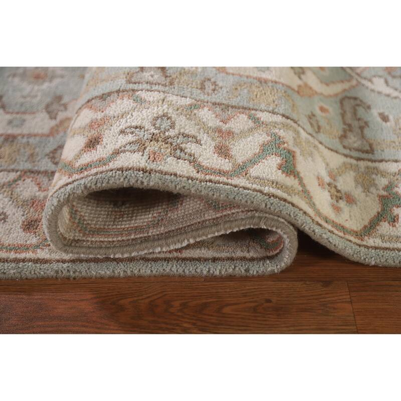 Floral Blue Oushak Runner Rug Hand-knotted Wool Carpet - 2'9"x 9'10"