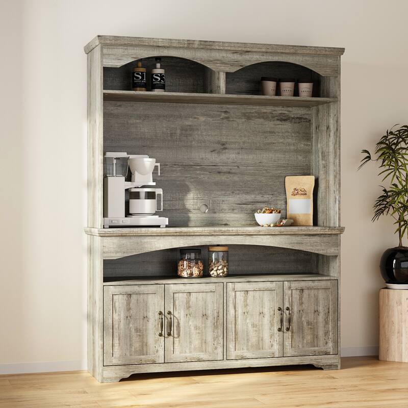Coffee Bar Cabinet with Hutch and Storage Shelves Rustic Buffet Cabinet with 4 Doors for Kitchen or Dining Room
