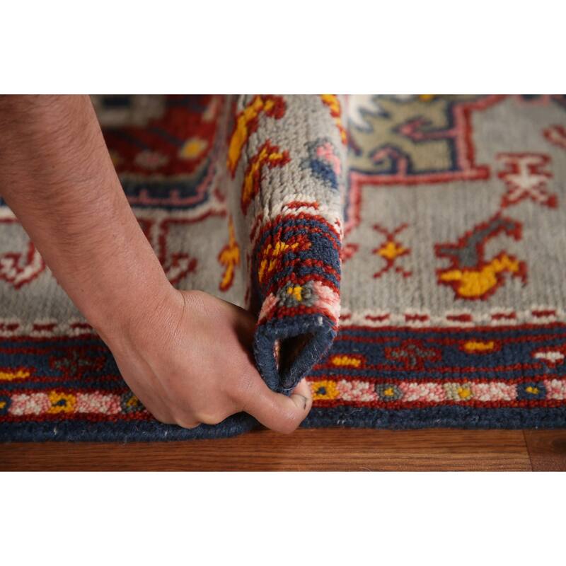 Geometric Green Kazak Indian Runner Rug Hand-knotted Wool Carpet - 2'6"x 9'11"