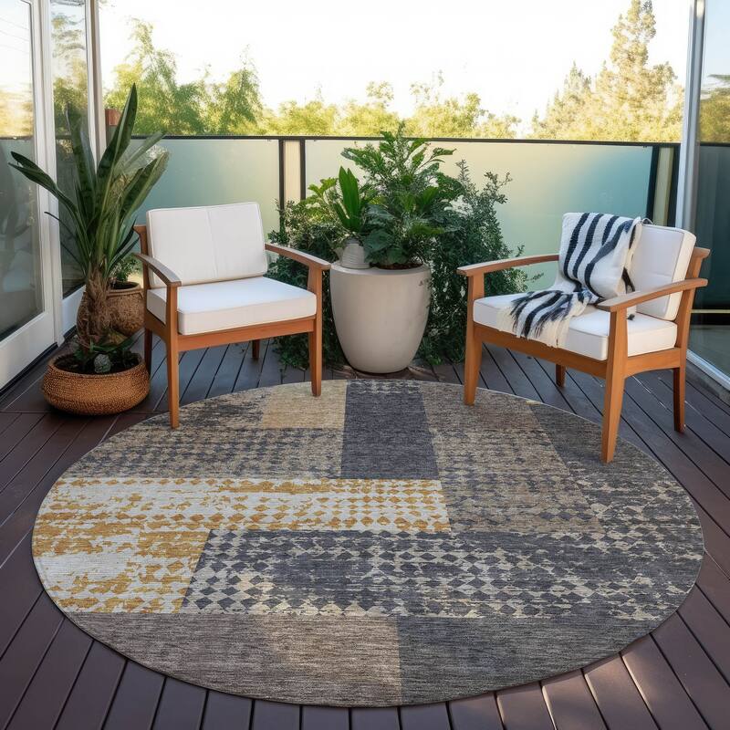 Machine Washable Indoor/ Outdoor Modern Blocks Chantille Rug - Coffee - 8' x 8'