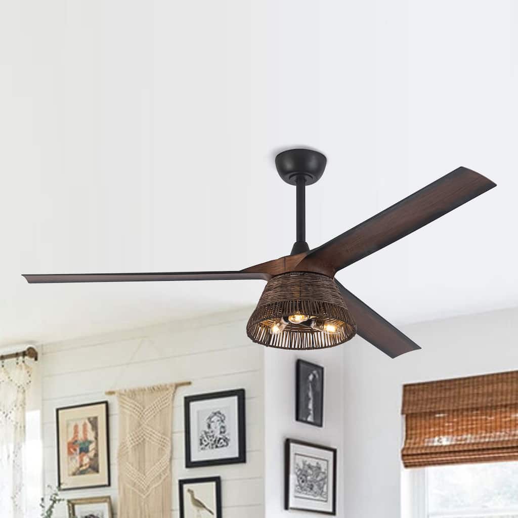 60" Natural Rattan Brown Ceiling Fan with Light Kit and Remote Control - 60 in. D x 60 in. W x 15.7 in. H