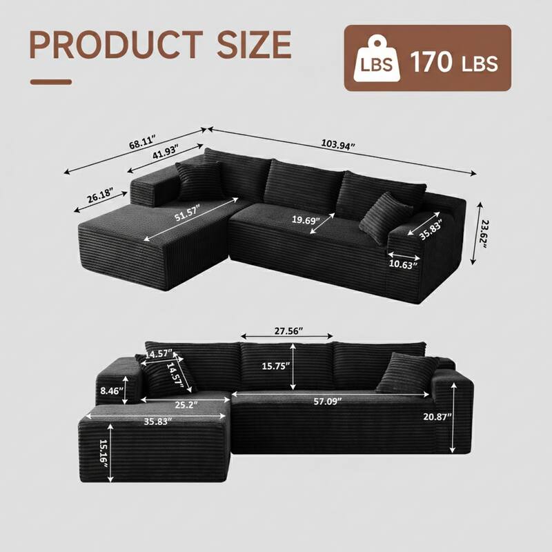 103.54" Flannel L-Shaped High-Density Modern Modular Sectional Sofa with Chaise & Pillows