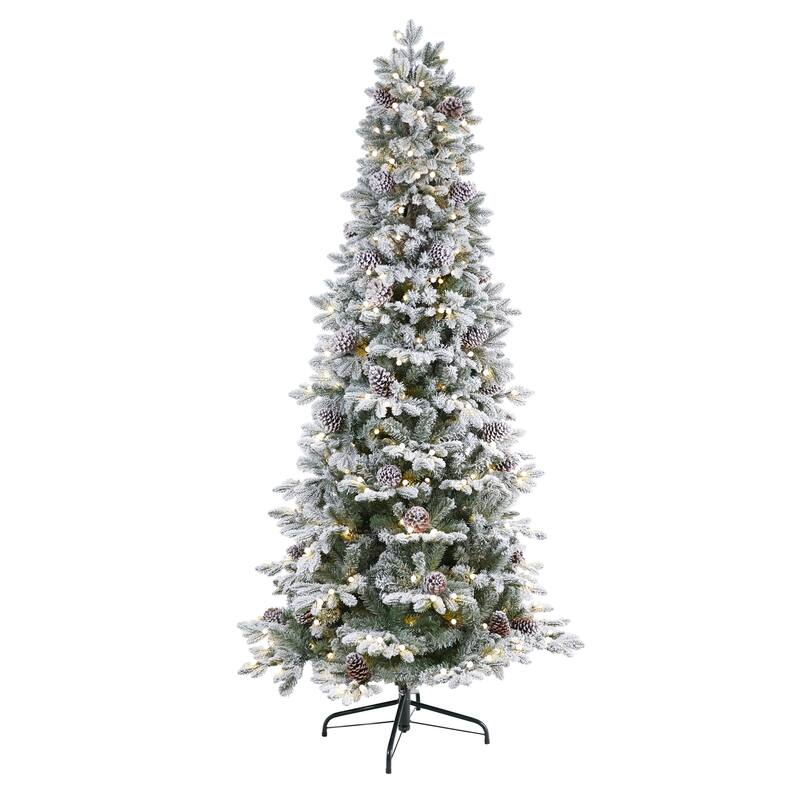 7.5ft Flocked Christmas Tree with Lights - Slim Pencil Artificial Tree, Pre-Lit Holiday Decor - White - 84