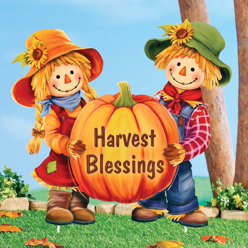 Harvest Blessings Autumn Scarecrows Garden Stake - 17.75 x 23 x 0.25 - Orange - 17.75 x 23 x 0.25 - Iron
