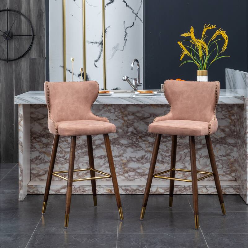 Nailhead Trim High Bar Stool, Faux Leather Bistro Counter Chair with Horn Backrest Kitchen Island Dining Chair, Set of 2