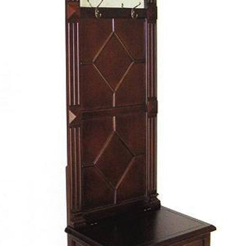 Molded Wooden Frame Hall Tree with Lift Top Box and Mirror Insert, Brown