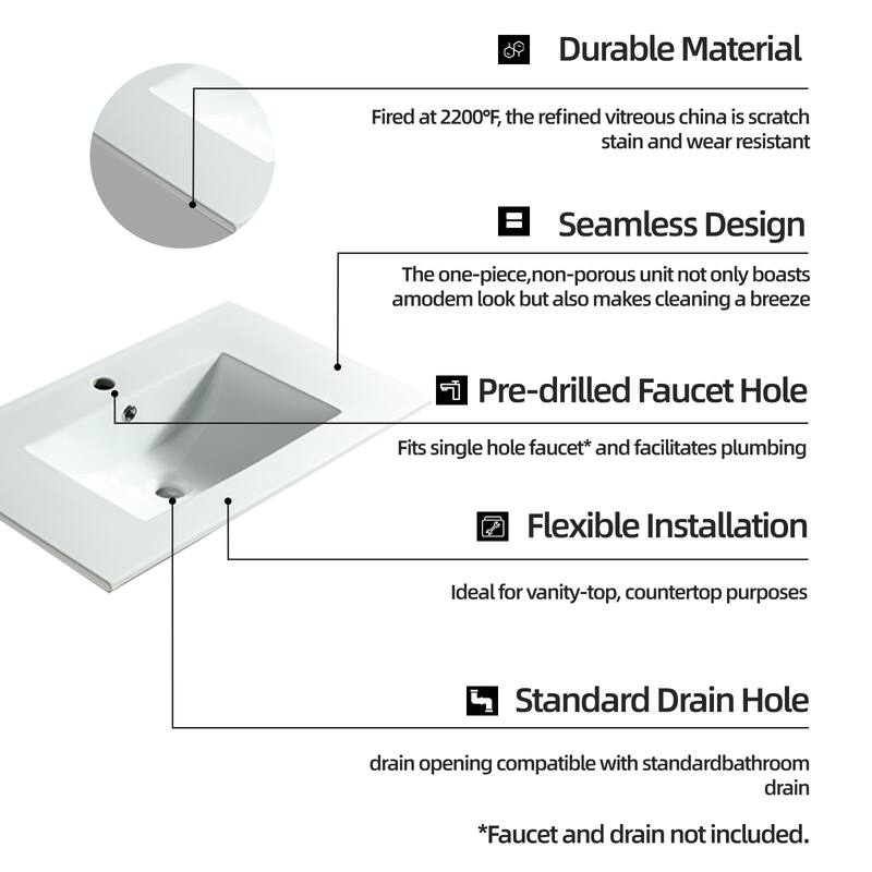 GDFStudio - Contemporary Ceramic Bathroom Vanity Sink with Pre-drilled Faucet Hole, Vanity-Top Only, Faucet & Drain NOT INCLUDED