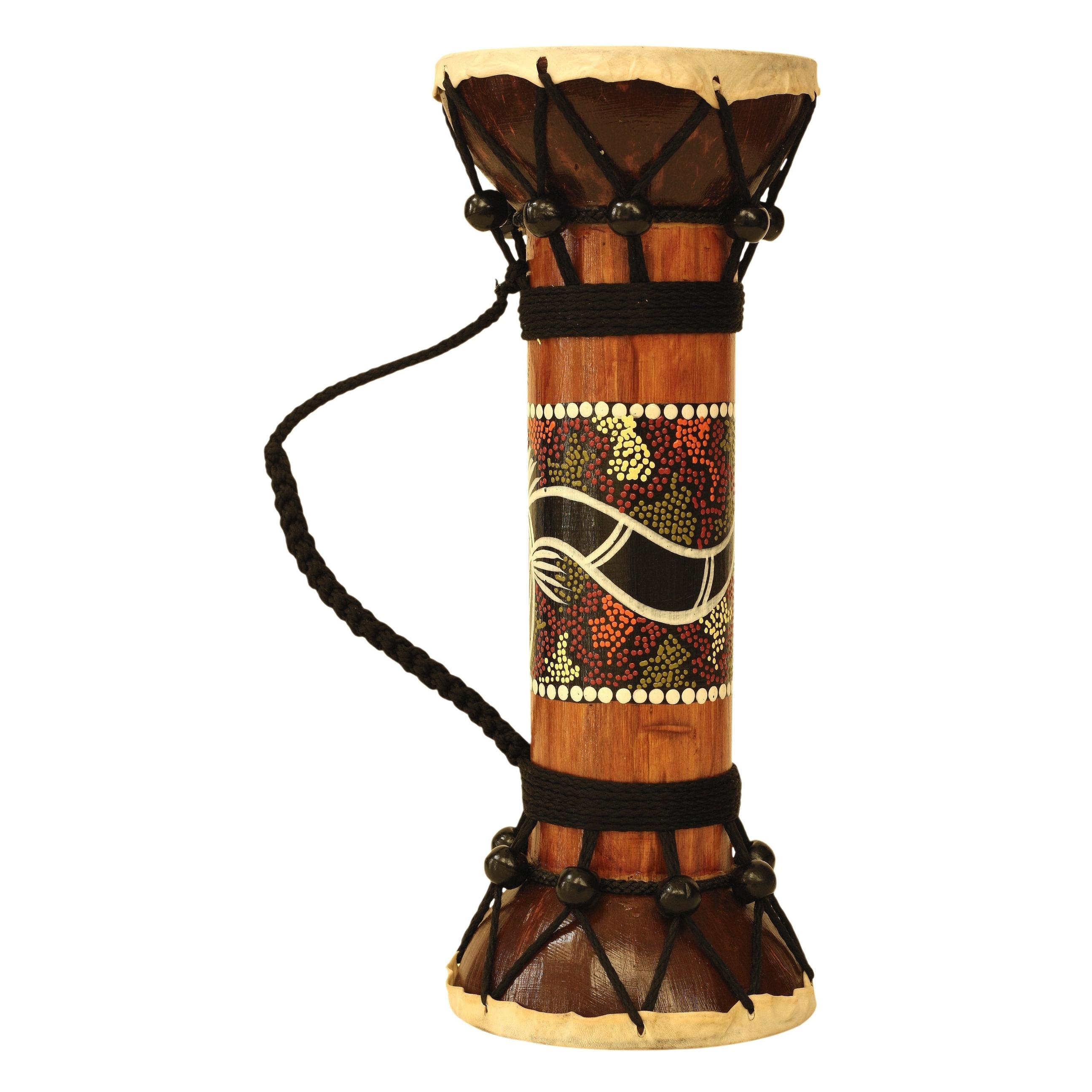11.5" Wooden Hand Carved Double Sided Decorative Drum Display Home Decor Accent - 11.5" tall x 4.5" wide x 4.5" deep