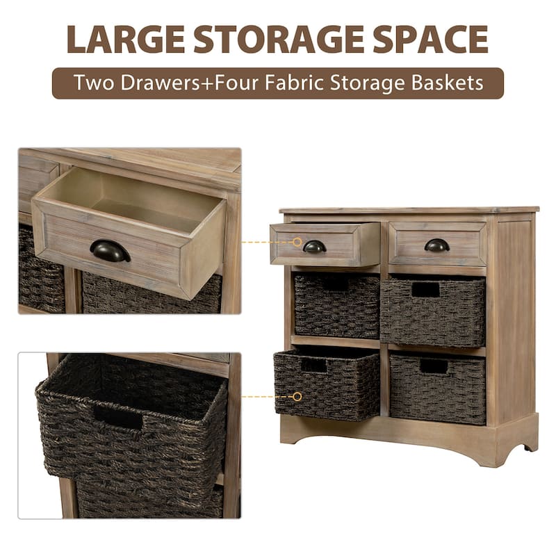 Rustic Storage Cabinet with 2 Drawers and 4 Classic Rattan Basket - 28"L×11.8"W×28"H