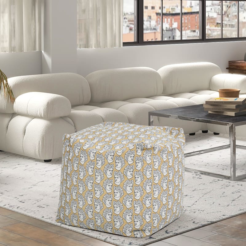 Pouf 23" Luxury Oversized Embroidery Bean Bag Cube Ottoman - Apollo Bust Gold & Cream Embroidery