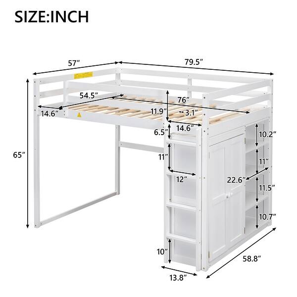 Wood Full Size Loft Bed with Built-in Wardrobe, 4-Layer Storage Shelves, and LED Light - White