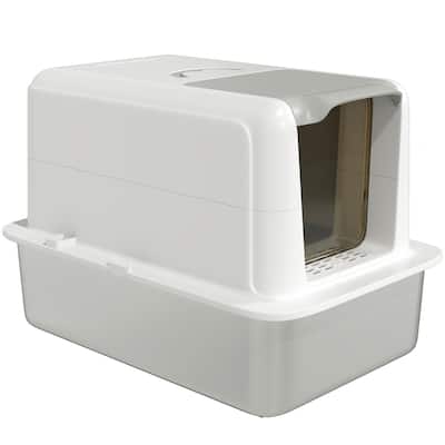 White and Silver Cat Litter Box with Stainless Steel Tray Scoop Filters System and Odor Control