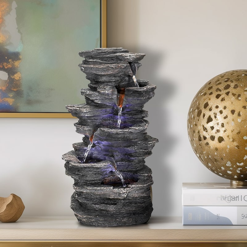 4-tiers Indoor Water Fountains Rockery Waterfalls Office Table Top Garden Decor - 15.7"H