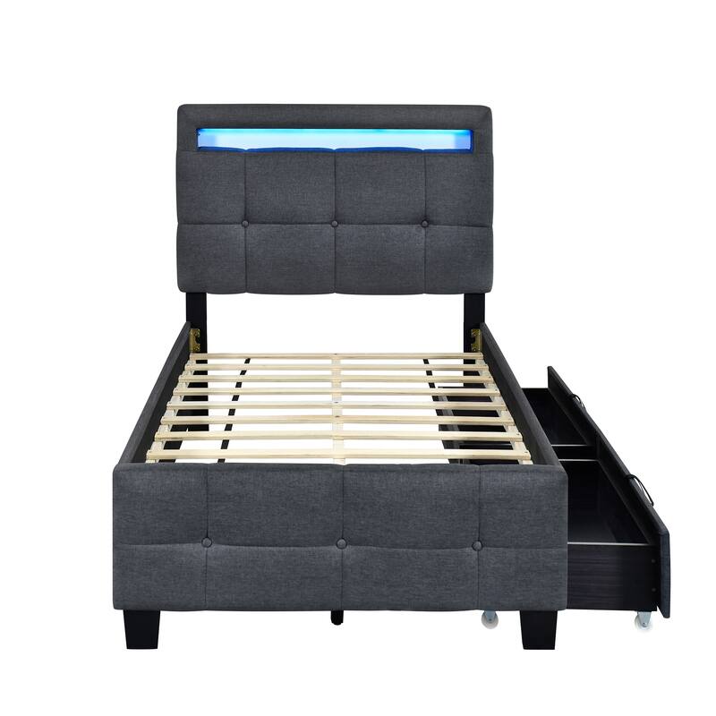 Twin Size Upholstered Platform Bed with LED Frame and 2 Drawers