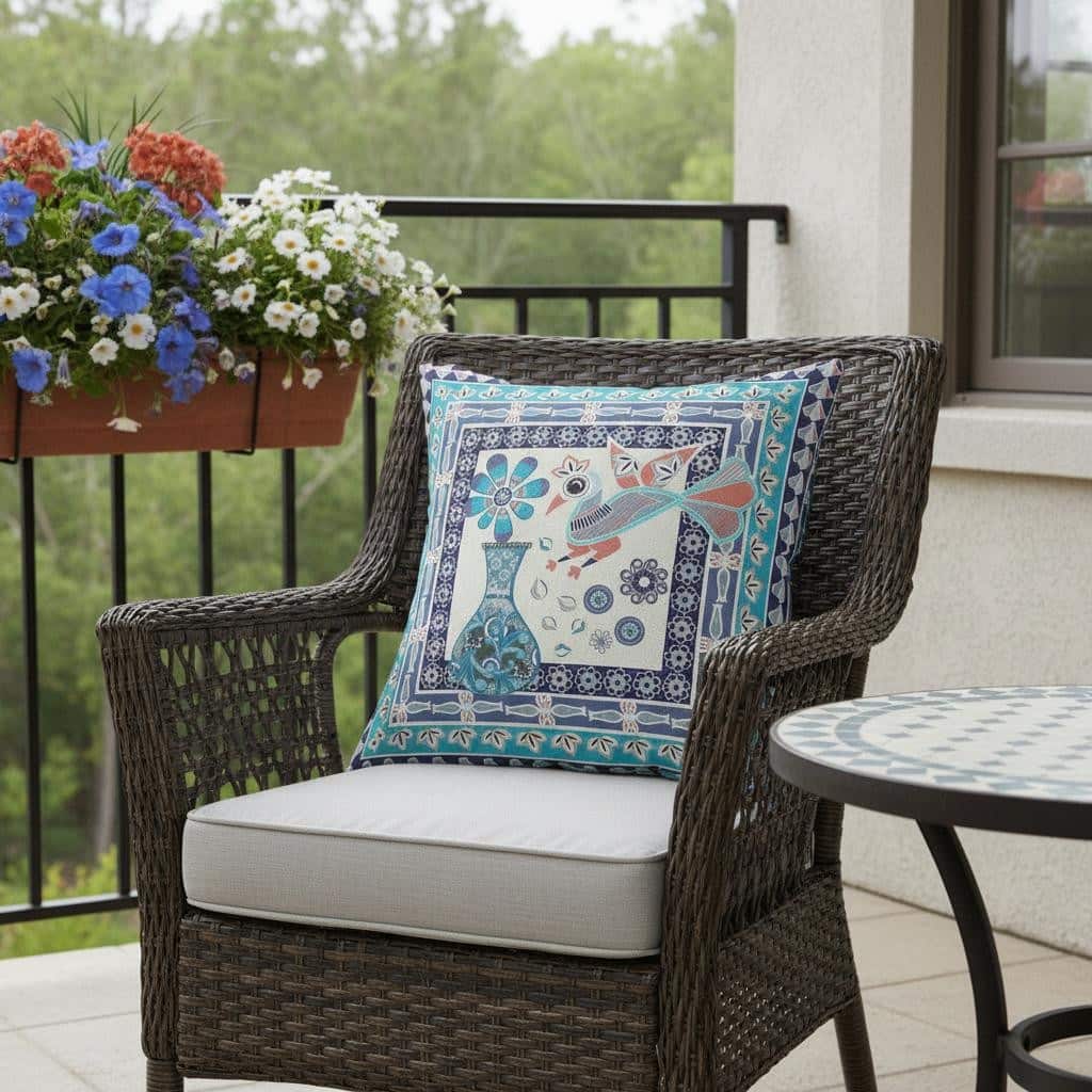 HomeRoots 16" x 16" Blue and Off White Peacock Blown Seam Floral Indoor Outdoor Throw Pillow - 16.00' X '5.00' X '16.00