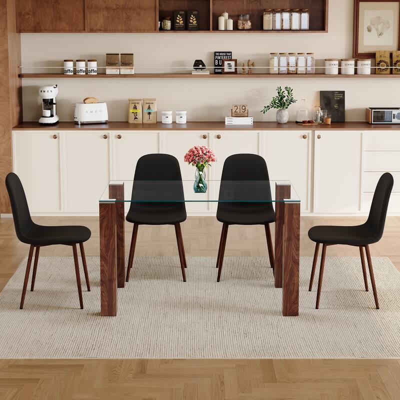 5 Piece Rectangular Tempered Glass Dining Table Set, 4 Black Linen Upholstered Chairs with Metal Legs - Black,Walnut