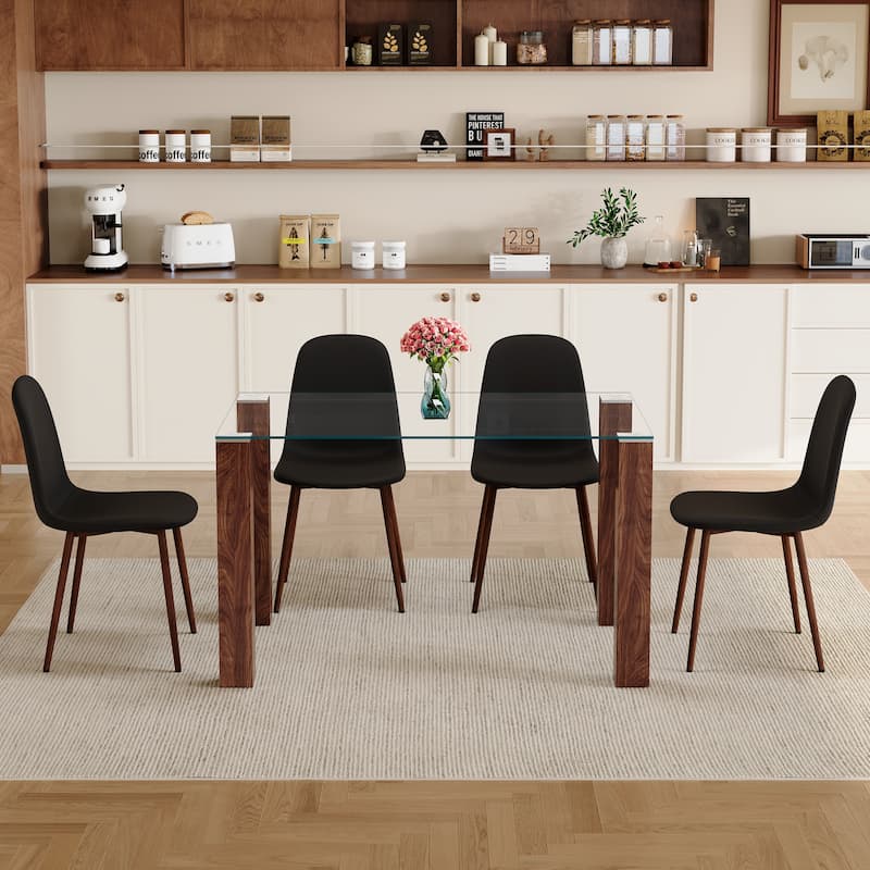 Roomfitters 5pcs Tempered Glass Dining Table Set with Walnut MDF Legs and Linen Upholstered Chairs, Black - Black