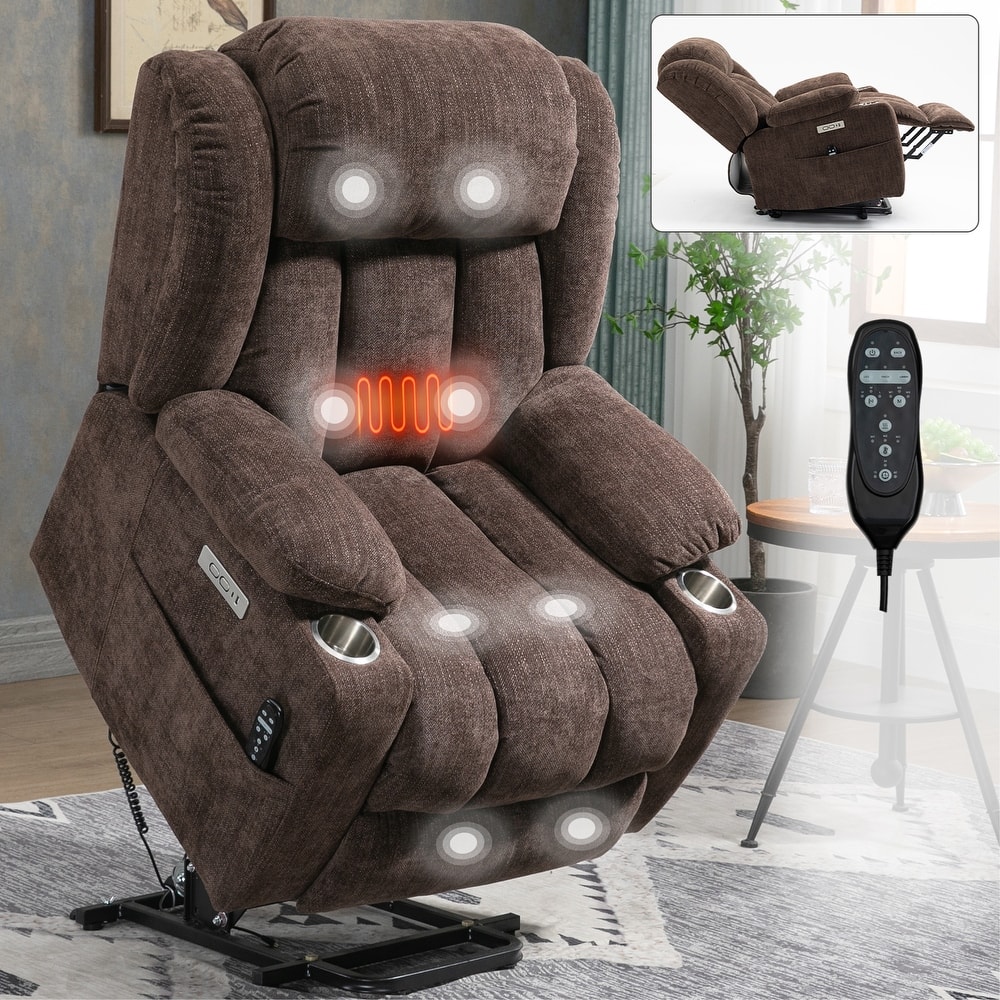 Grey Chenille Power Lift Recliner with Massage, Lumbar Heating, USB & Type-C Ports, and Sturdy Steel Cup Holders