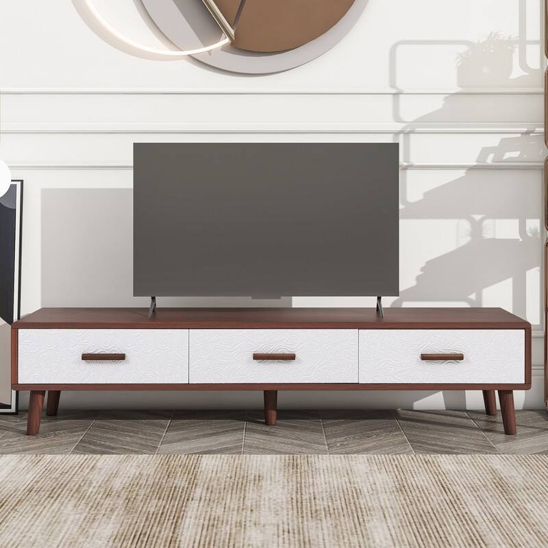 Modern TV Stand Media Console with 3 Drawers and Solid Wood Legs for