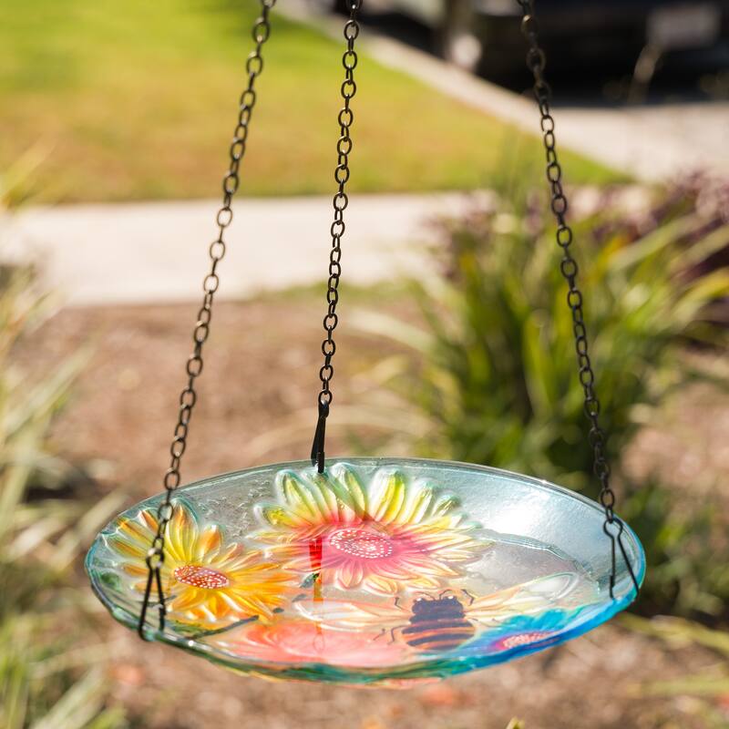 10" Glass Hanging Bird Feeder w/ Flowers and Bee
