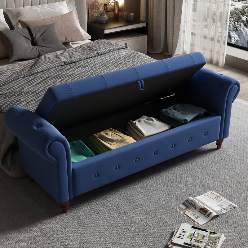 63" Fabric Bed Bench With Storage - Navy Blue
