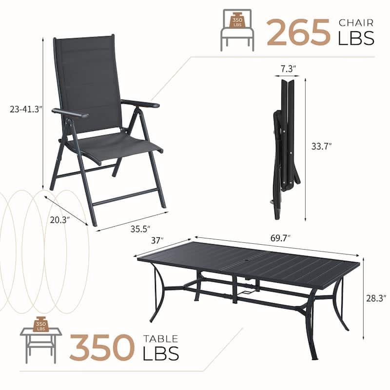 EROMMY 7 Piece Patio Dining Set with Folding Lounge Chairs and Aluminum Table, Outdoor Furniture for Backyard, Deck, or Balcony.
