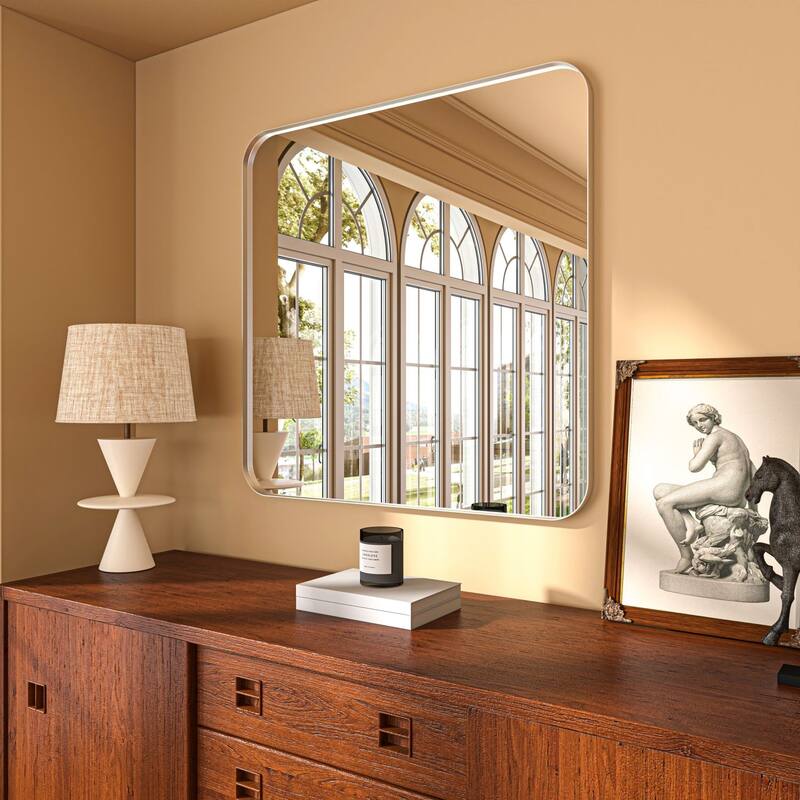 Organnice Rectangular Aluminum Framed Modern Rounded Wall Mount Mirror