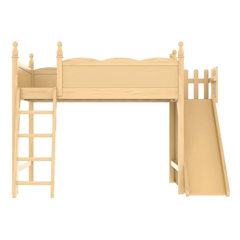 Full Loft Bed with Storage Shelves and Wardrobe, Solid Wood Loft Beds with Detachable Slide and Ladders, No Spring Box Needed