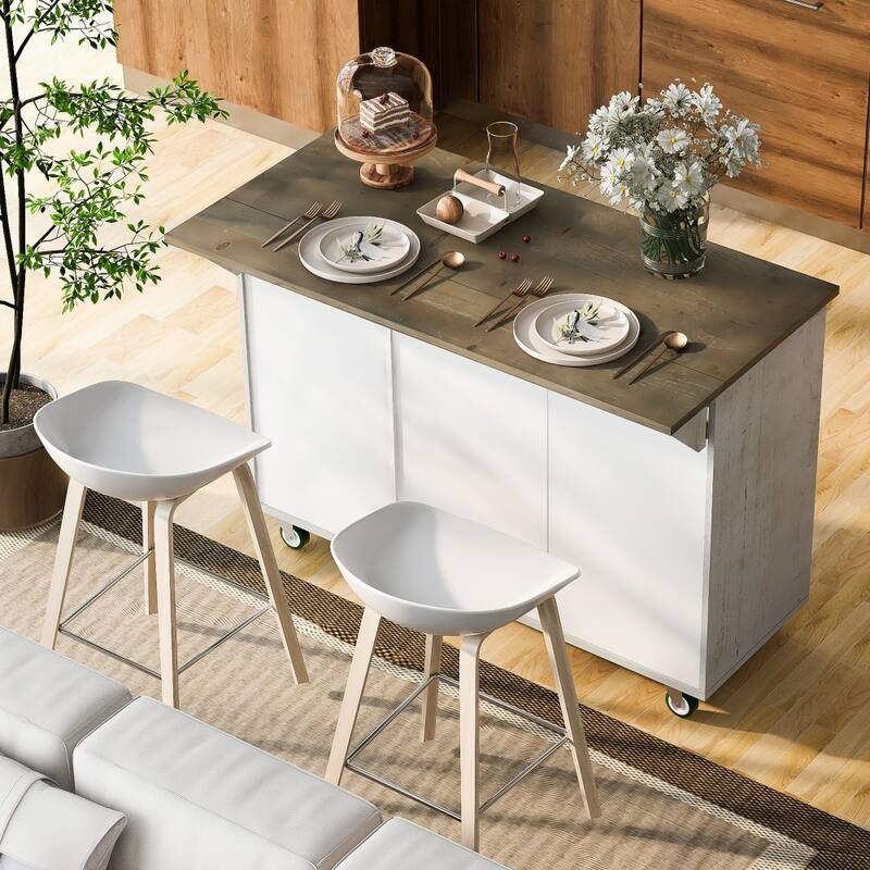 Retro MDF Kitchen Island on Wheels with Drop Leaf and Towel Rack