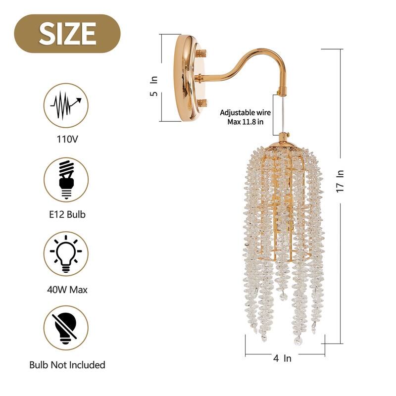 Set of 2 Gold Wall Sconces with Crystal Bead Strings Elegant Hanging Light Fixtures, E12 Socket (Bulbs Not Included)