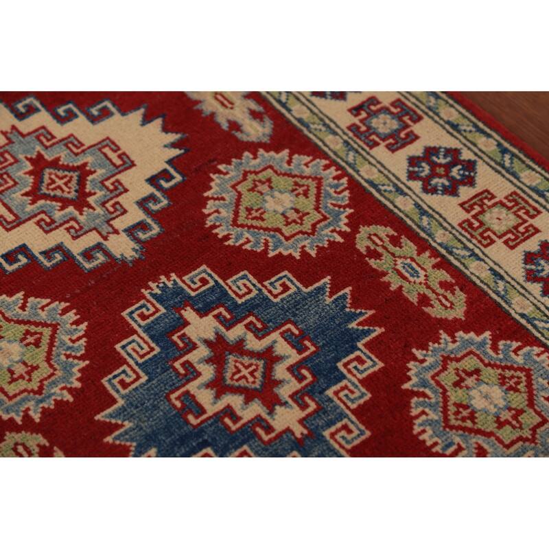 Red Geometric Kazak Foyer Rug Handmade Wool Carpet - 2'8" x 4'3"