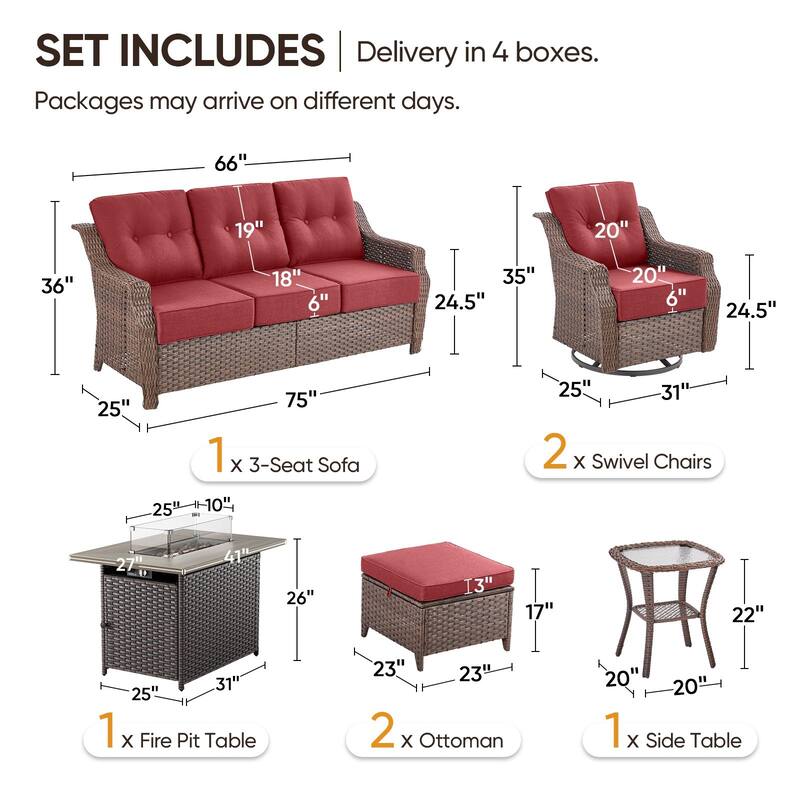 7-Piece Sofa Swivel Chairs Ottoman with 41" Fire Pit Table