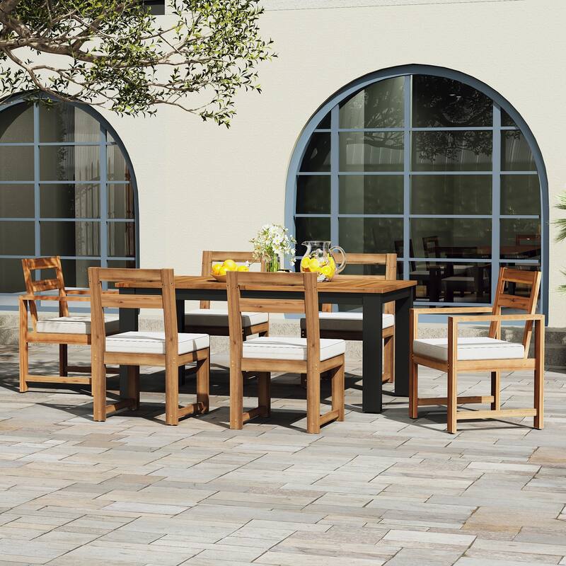 7 Piece Acacia Wood Outdoor Dining Set, All Weather Patio Furniture Set with Umbrella Hole, 2 Armchairs and 4 Side Chairs