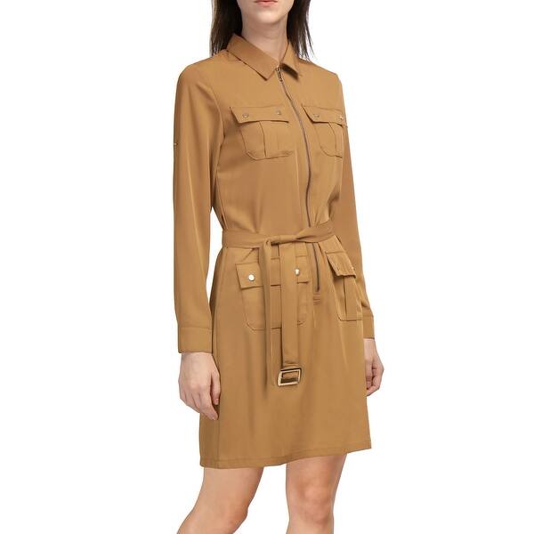 Shop Women Roll Up Sleeves Multi Pocket Belted Shirt Dress