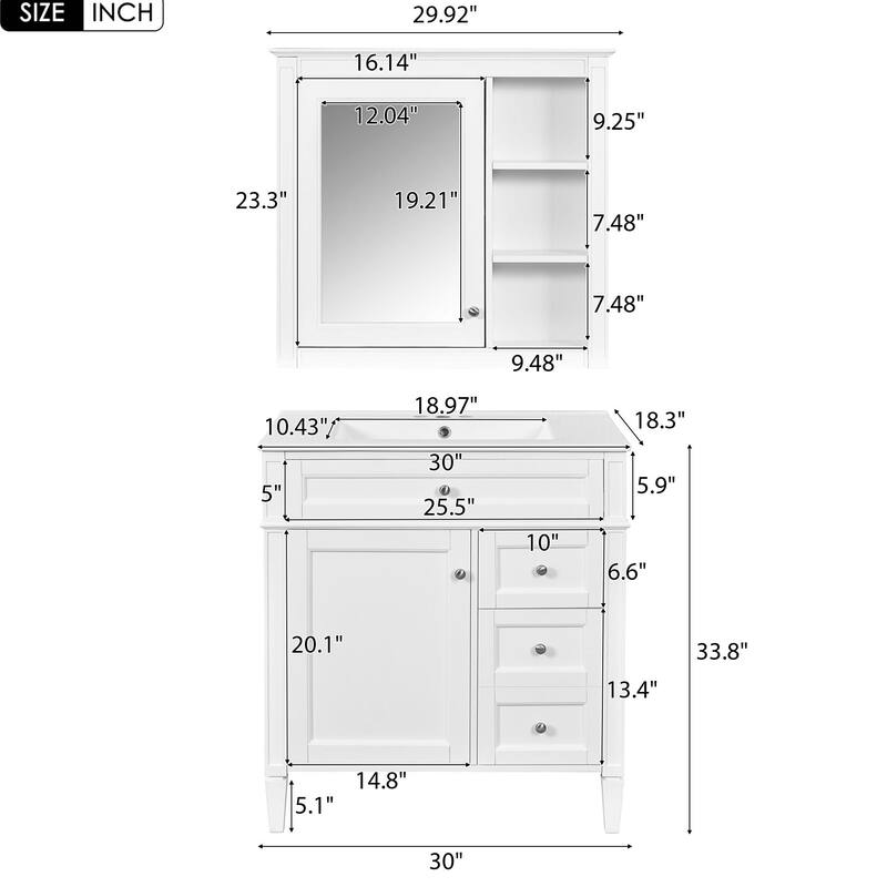 30" Bathroom Vanity with Mirror, Sink, and Storage Cabinet
