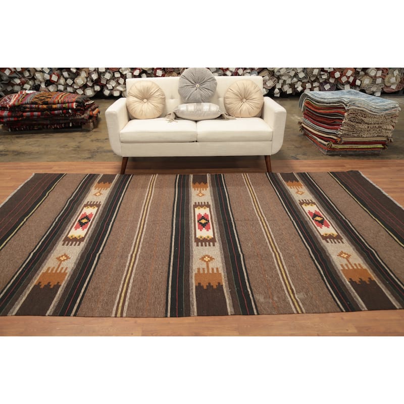 Hand Woven Oriental 100% Wool Carpet Southwestern Tribal Brown Kilim Area Rug - 10' 5'' X 6' 6''