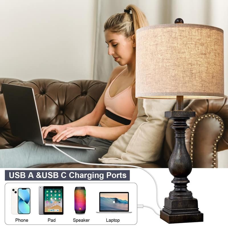 27" Farmhouse Table Lamp Set of 2 with USB A and C