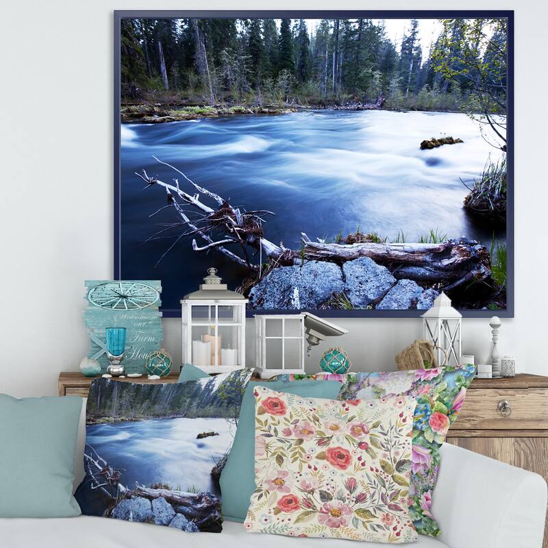 Designart "Blue River in Forest At Evening" Oversized Landscape Framed Canvas Art