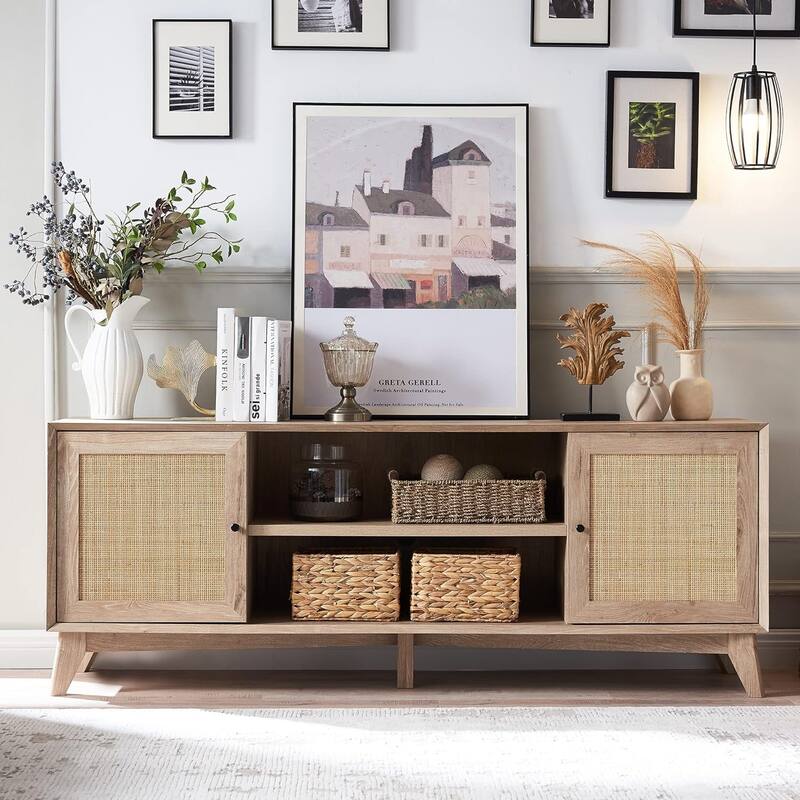 Mid-Century Modern Rattan TV Stand for 75'' TV, Entertainment Center