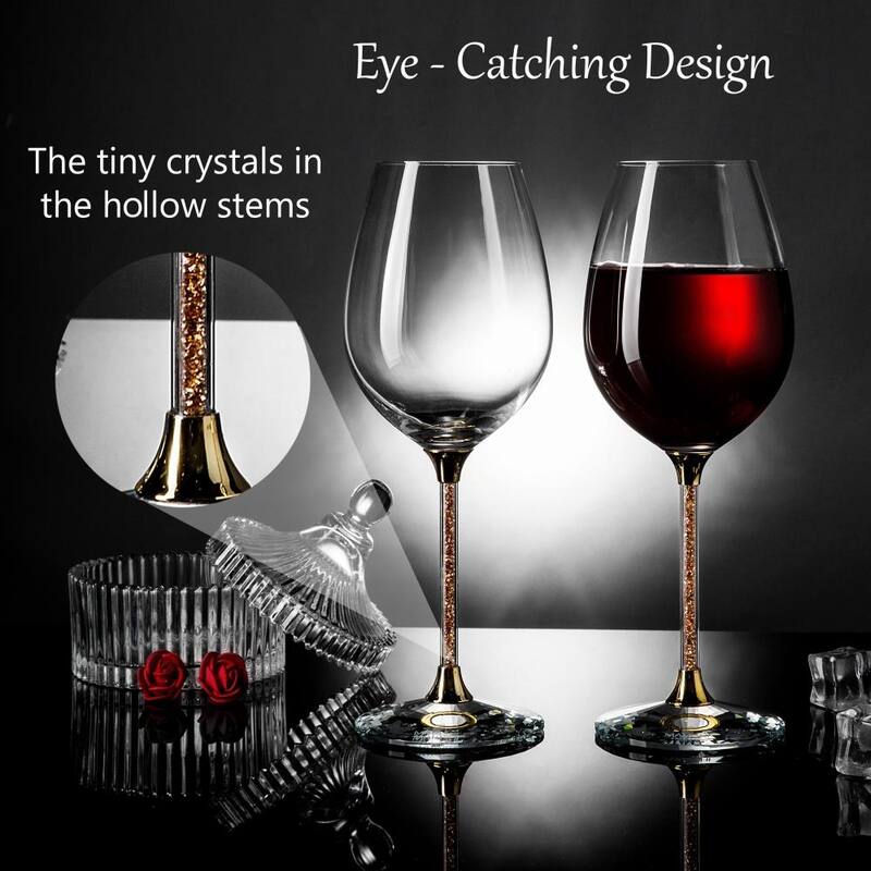 Matashi Crystal Wine Glasses Set of 2, 18.5 oz - Lead-Free Gold Crystal Filled Glassware - Wedding & Celebration Drinkware