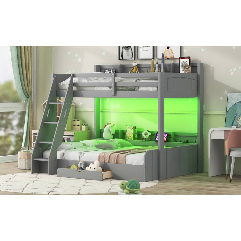 Twin/Full Bunk Bed with Storage - Includes LED Lights, Charging Station & Drawers, Ideal for Kids' Rooms & Guest Spaces