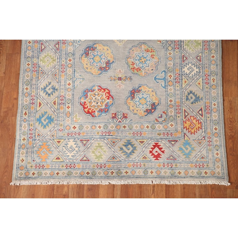 Traditional Kazak Area Rug Hand-Knotted Grey Wool Carpet - 4'0" x 5'11"