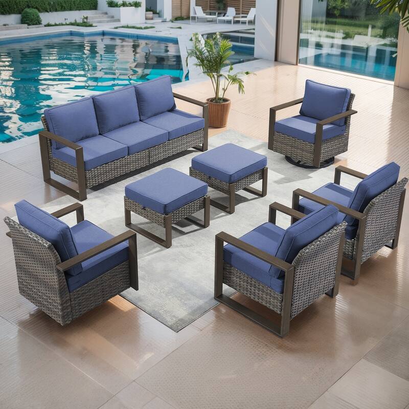 Gymojoy Patio Rattan Sofa with Swivel Rocking Chair, Ottomans Chair - Grey - Grey - Blue