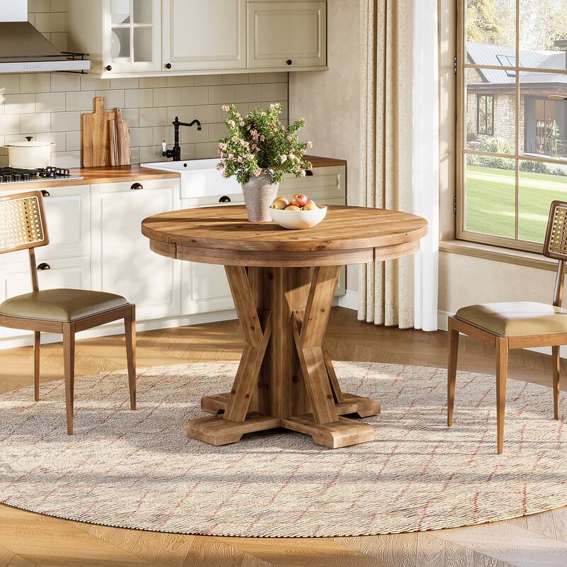 Round Pedestal Dining Table, 39.4-Inch Farmhouse Solid Wood Dinner Table - Brown